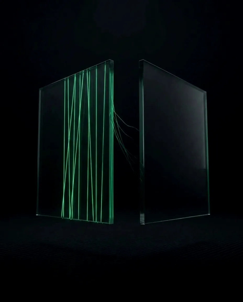 Two glass panels split by a dark gap. Green light threads run through the left panel and stop, failing to reach the unlit right panel