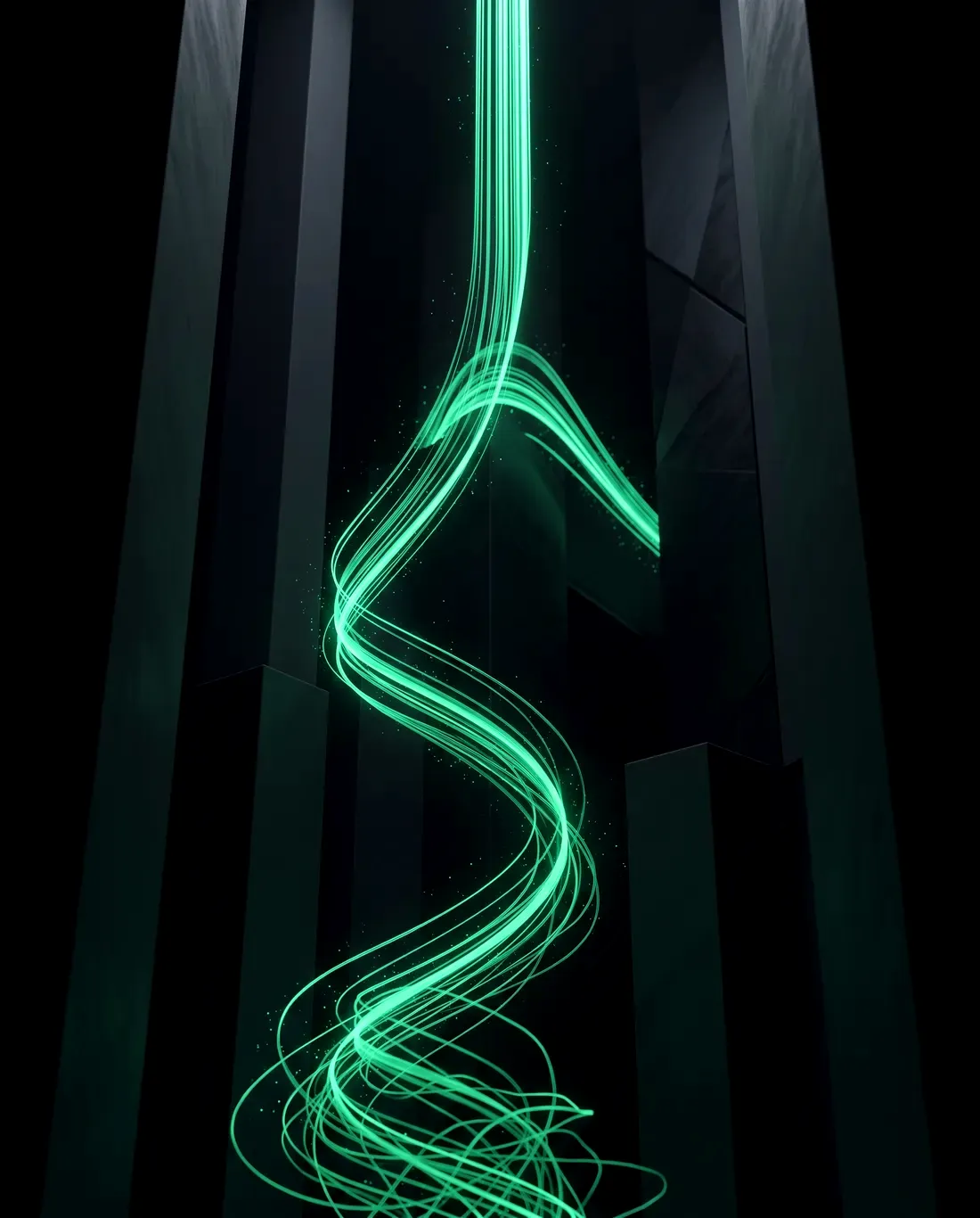 Loose tangled threads of green light converging into a single precise beam between dark columns, a vision becoming a production system